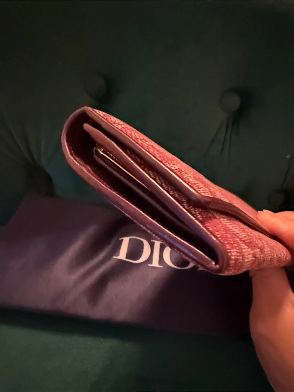 Dior Vintage Trotter Burgundy Continental Kisslock Wallet with Navy Dust Bag